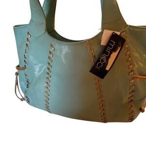 Minicci Women's Leather Tote Hands Bag Double Handle Magnetic Snap Teal NWT